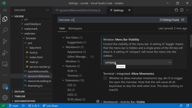 VS Code Tips — The Menu Bar Visibility Setting