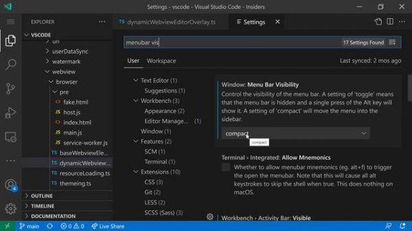 VS Code tips — The Menu bar visibility setting
