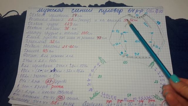 Мужской синий пуловер big size. Расчеты. смотреть онлайн