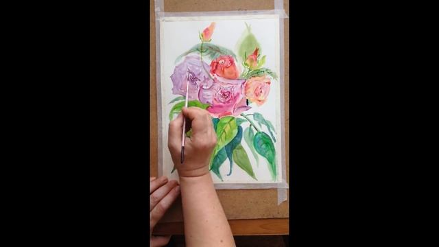 Букет роз акварелью. смотреть онлайн