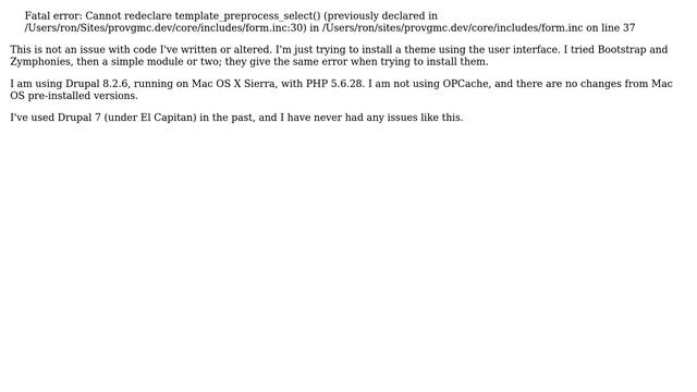 Fatal error "Cannot redeclare template_preprocess_select()" on every attempt to install modules смотреть онлайн