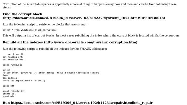 Databases: How to rebuild SYSAUX corrupted tablespace? смотреть онлайн