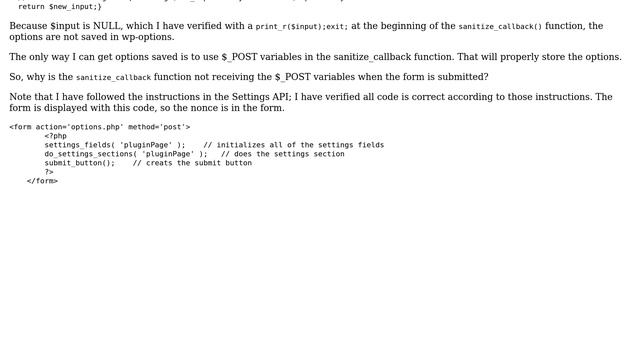 Wordpress: Options API - Validation Callback $input is NULL смотреть онлайн