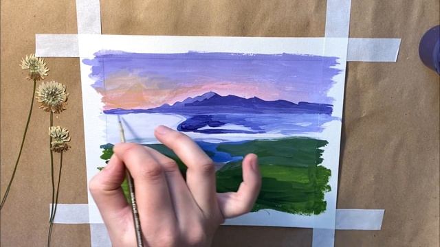 Как легко нарисовать весенний пейзаж гуашью | Рисуем весну, цветущие деревья и горный пейзаж смотреть онлайн
