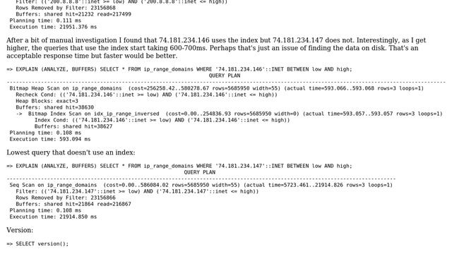 Databases: PostgreSQL 9.4: Index Only Used For Lower INET Ranges смотреть онлайн