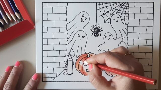 Halloween pumpkin drawing with ghosts | watercolor pencil painting fall theme смотреть онлайн