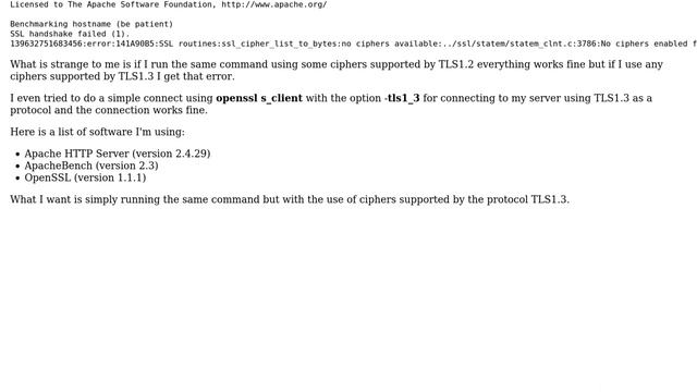DevOps & SysAdmins: SSL Handshake failure when using a TLSv1.3 ciphersuite on ApacheBench (ab) смотреть онлайн