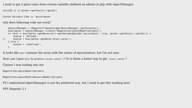 Magento: Get plain value from custom variable in php with objectManager смотреть онлайн