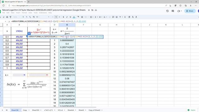 Natural Logarithm LN(kx) Taylor Maclaurin SERIESSUM Logarithmic Regression in Google Sheets or Exce смотреть онлайн