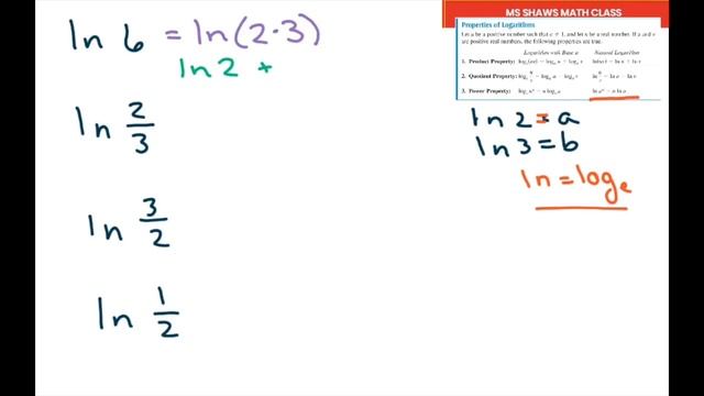 Write Each Logarithm in Terms Of a And b. Ln 2 =a, ln 3=b, ln 6, ln 1.5, ln 2/3, ln 0.5 смотреть онлайн