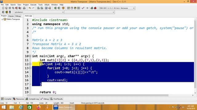 transpose of matrix in c++ | cpp programming video tutorial смотреть онлайн