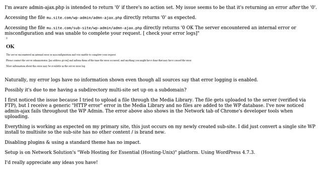 Wordpress: Admin Ajax returns "0 200 OK server error.." in Multi-site sub-site смотреть онлайн