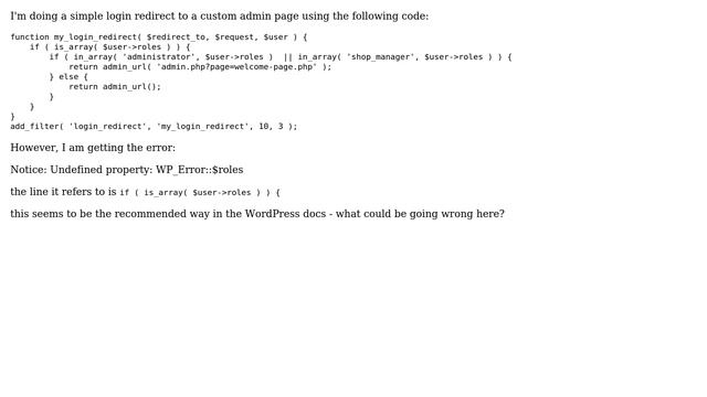Wordpress: Login Redirect Error - $user-＞roles смотреть онлайн
