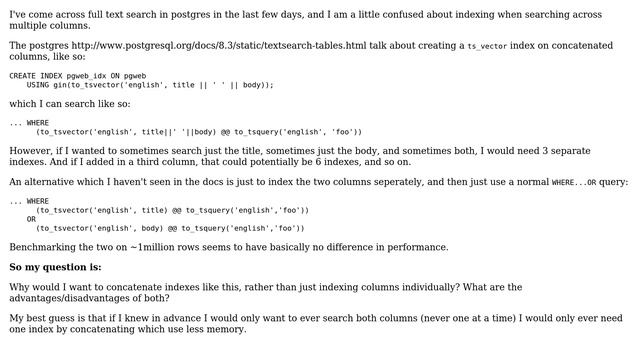 Databases: Postgres full text search with multiple columns, why concat in index and not at runtime? смотреть онлайн