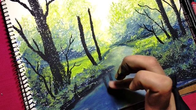 Oil Pastel Drawing/Beautiful Lakeside Forest Drawing With Oil Pastel/Oil Pastel Drawing Fancy's Art