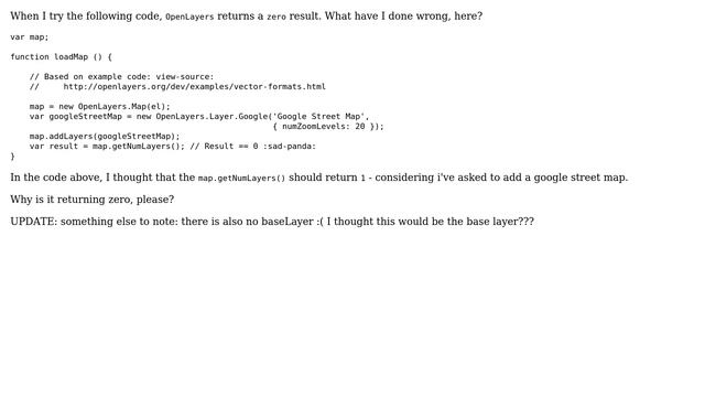 GIS: Why does an OpenLayers map.getNumLayers() return 0 even though I've added a layer? смотреть онлайн