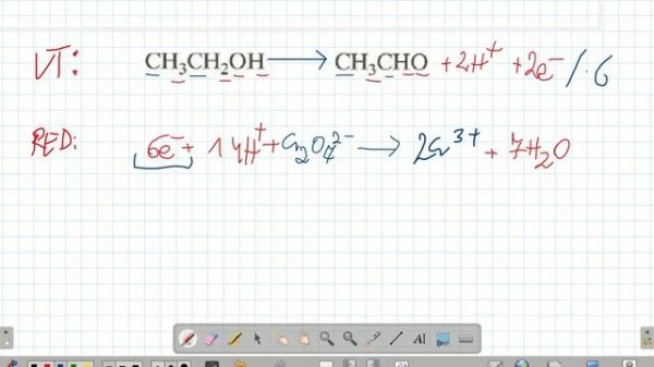CH3CH2OH + K2Cr2O7 + H2SO4 = CH3CHO + Cr2SO43 + K2SO4 + H2O REDOX .#chemia #matura