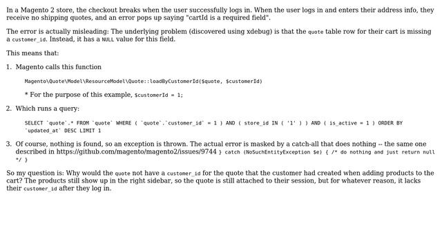 Magento 2 has NULL value for customer_id in the quotes table, even after the customer is logged... смотреть онлайн
