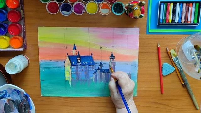 Рисуем замок Нойшванштайн. Германия. Акрил | Draw Neuschwanstein Castle.  Germany.