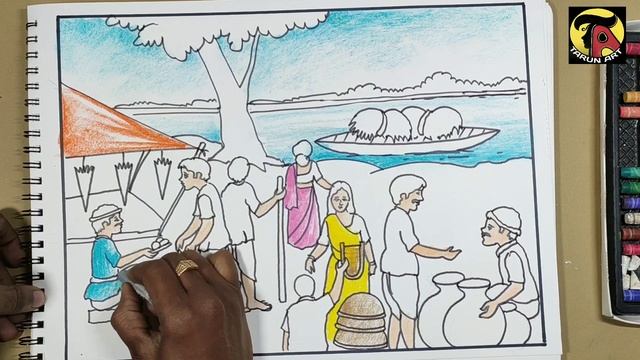 How to draw a village market.. Pastel colour Market scenery drawing.// Tarun Art. смотреть онлайн