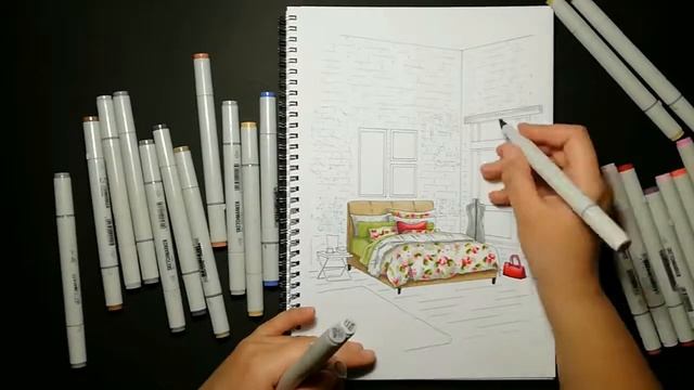 Построение спальни в угловой перспективе. Interior sketching. смотреть онлайн