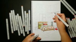 Построение спальни в угловой перспективе. Interior sketching.