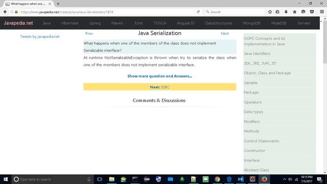 What happens when a member of the class doesn't implement Serializable?
| javapedia.net смотреть онлайн