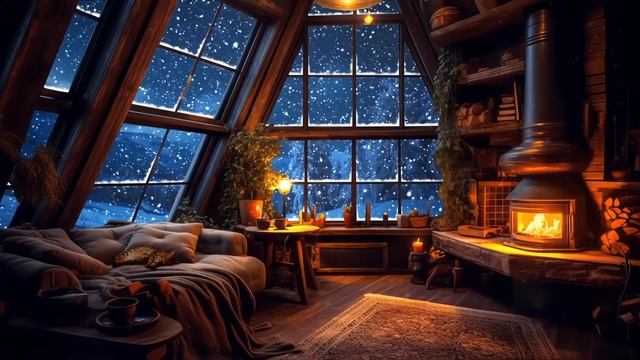 Wind And Crackling Fireplace In A Cozy Winter Hut - Cozy Ambience For Sleep, Relax, Study