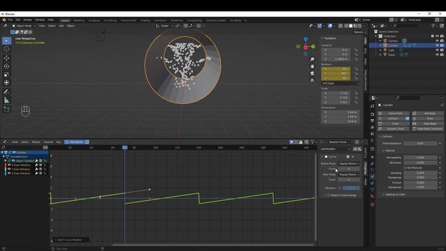 [Blender] Collision. Взаимодействие collision и particle (частиц). Анимация внутри цилиндра смотреть онлайн