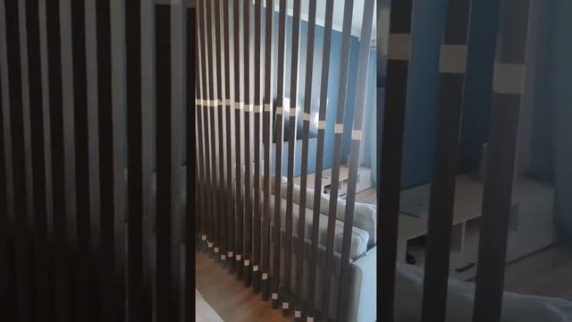 декоративная перегородка для разделения комнаты на 2: зона отдыха с кроватью и гостевая с диваном