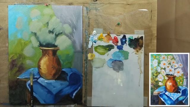 ?"Ромашки в кувшине"/как написать букет ромашек/живопись маслом/Марина Бердник смотреть онлайн