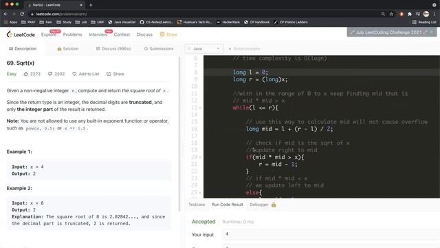 LeetCode 69. Sqrt(x) Solution Explained Binary Search Approach O(logn) - Java - Day 2 смотреть онлайн