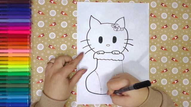Новогодний рисунок / Рисуем котёнка в новогоднем носке смотреть онлайн