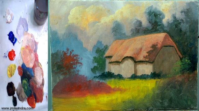 Acrylic Landscape Painting Tutorial / Colorful House In The Garden With Flowers / JMLisondra