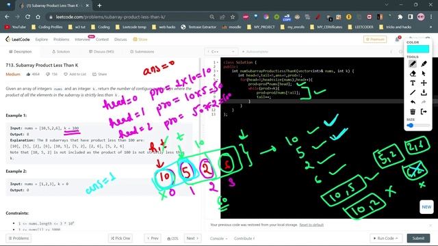 1.4 Subarray Product Less Than K | Window Sliding | Leetcode 713 | C++ | @codingsamurais смотреть онлайн