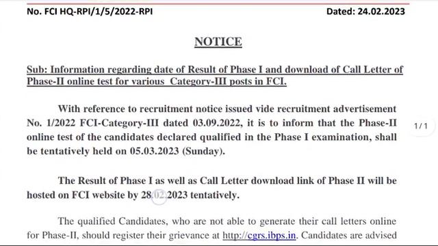 FCI AG -III RESULT and CALL LETTER for Phase -II Regarding Update смотреть онлайн