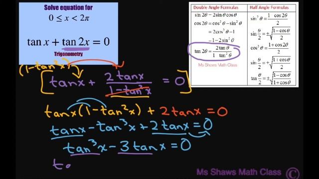 Solve equation tan x + tan 2x =0 over interval [0, 2pi). смотреть онлайн