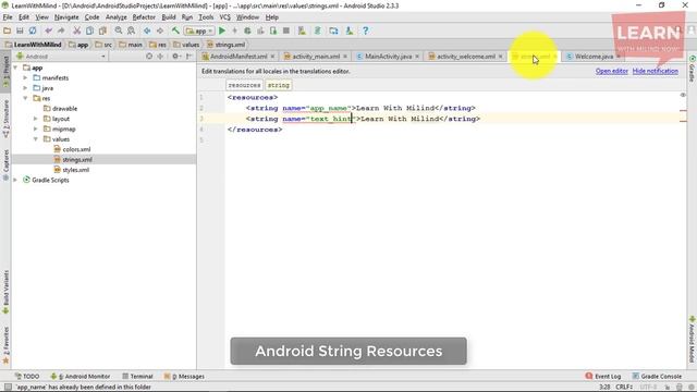 #Android App Development Tutorial in Hindi-6-String Resources -Learn with Milind-हिंदी смотреть онлайн