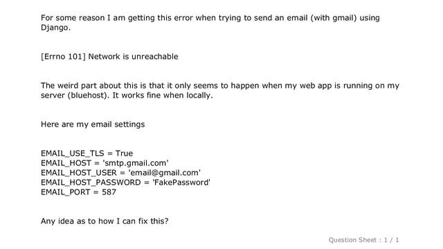 Django : "[Errno 101] Network is unreachable" when trying to send email using Django смотреть онлайн
