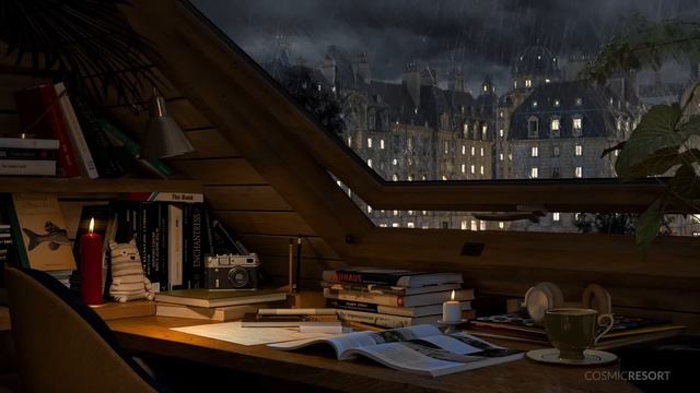 Paris Study in rooftop room with Attic window Gentle Rain with Distant Thunderstorm Sounds смотреть онлайн