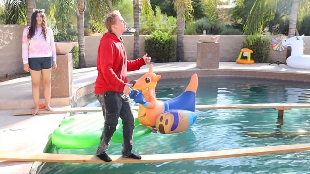 DON'T FALL OFF THE PLANK INTO THE POOL CHALLENGE! смотреть онлайн
