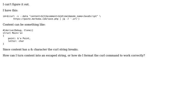 Unix & Linux: Use curl parameters on bash script where some characters breaks the string смотреть онлайн