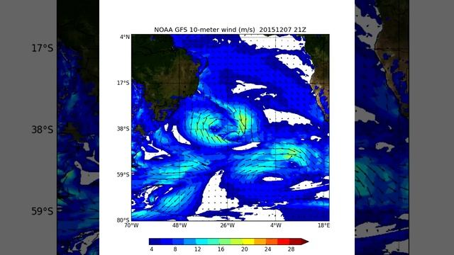 NOAA GFS 10-meter Wind Forecast (m/s) / South Atlantic смотреть онлайн