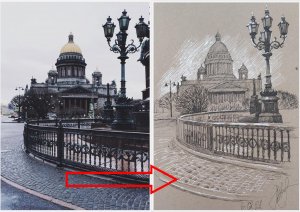 Рисуем Исаакиевский собор гелевыми ручками на крафт-бумаге. Художник Марина Вишневская.