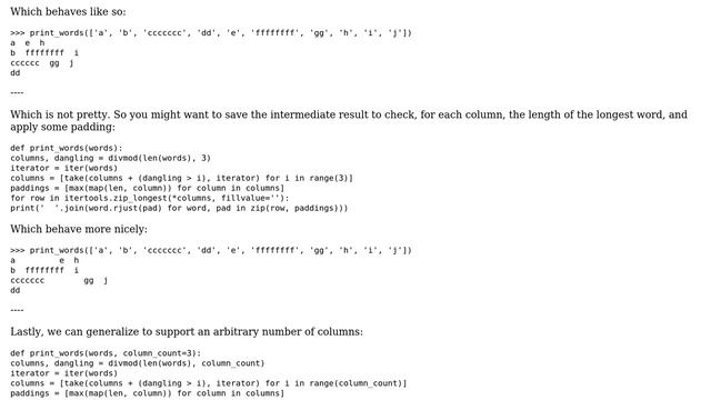 Vertically print a list of strings to STDOUT into 3 columns with column lengths as balanced as... смотреть онлайн