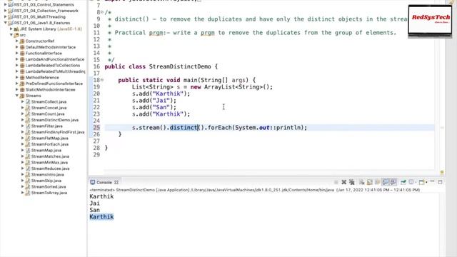 # 180 java stream distinct | java 8 stream distinct with example | distinct | java 8 | RedSysTech смотреть онлайн