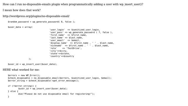 Wordpress: How can I apply no-disposable when programmatically adding a user with wp_insert_user()? смотреть онлайн