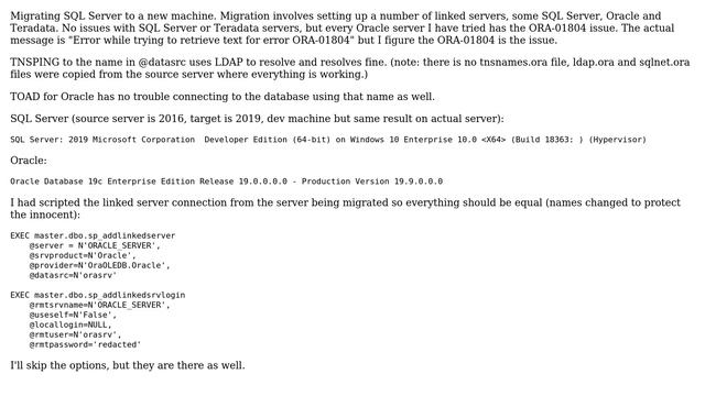 Databases: Linked Server to Oracle error ORA-01804 смотреть онлайн