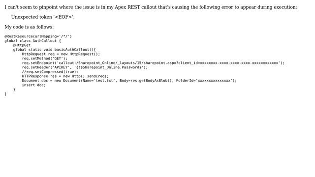 Salesforce: Unable to pinpoint "Unexpected token '＜EOF＞'." error message with Apex REST callout смотреть онлайн