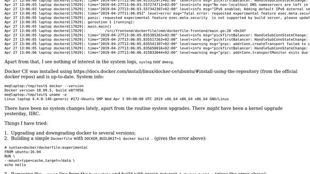 Getting an error in Docker, "requested experimental feature exec.meta.security is not supported... смотреть онлайн